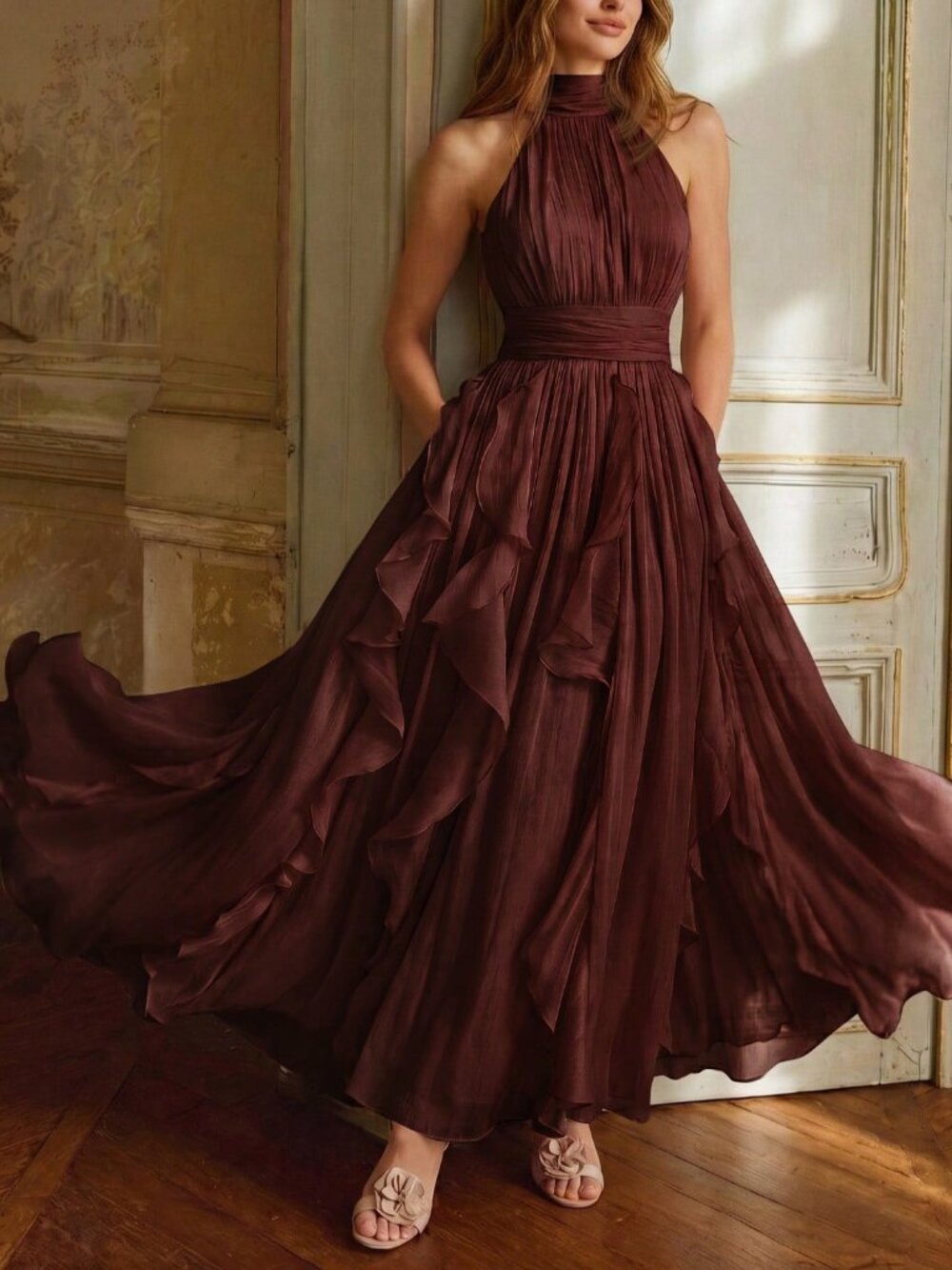 Rust Brown Elegant Women's Backless Ruffle Flared Long Dress